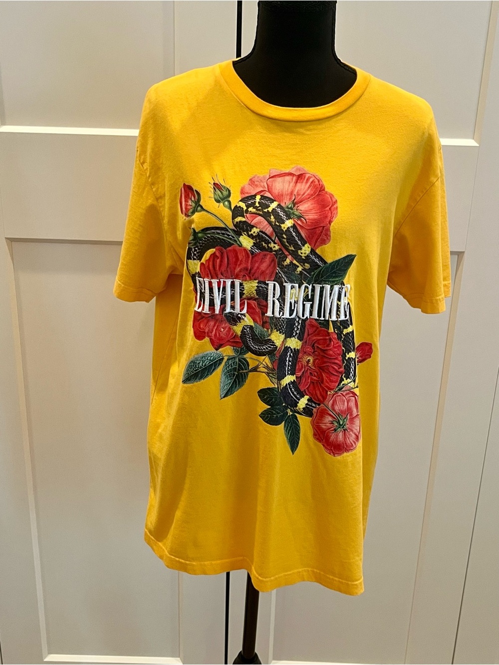 Civil Regime Golden Yellow Graphic Tee. Stunning Roses & Snake Design Streetwear
